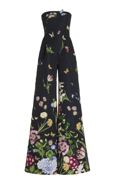 Oscar De La Renta Strapless Appliquéd Floral-print Faille Jumpsuit In Navy Multi