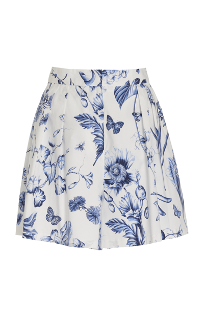 Oscar De La Renta Floral Toile Cotton Wide Leg Shorts In Blue