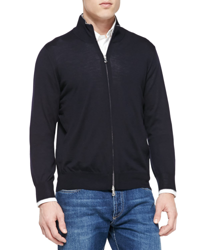 Brunello Cucinelli Fine-gauge Full-zip Jumper In Navy