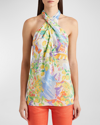 RALPH LAUREN DARBY PAINTING-PRINT CROSSOVER HALTER VOILE BLOUSE
