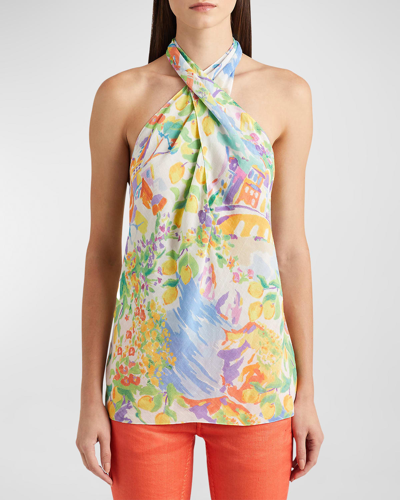 Ralph Lauren Darby Painting-print Crossover Halter Voile Blouse In Yellow/blue Multi