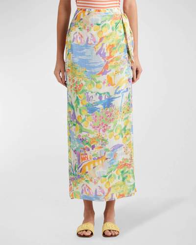 Ralph Lauren Danyelle Printed Linen Voile Maxi Wrap Skirt In Yellow/blue Multi