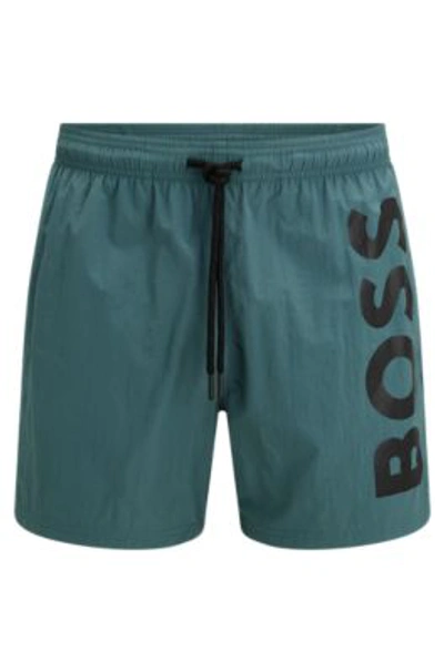 Hugo Boss Quick-drying Swim Shorts With Large Contrast Logo In Light Green