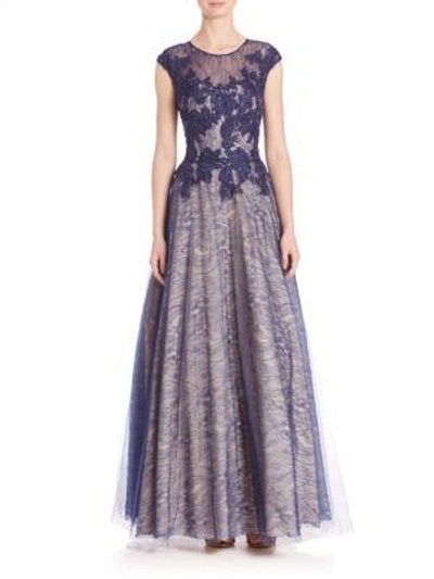 Basix Black Label Women's Illusion Lace Accented Gown In Navy