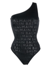 BALMAIN LOGO-PRINT ONE-SHOULDER SWIMSUIT