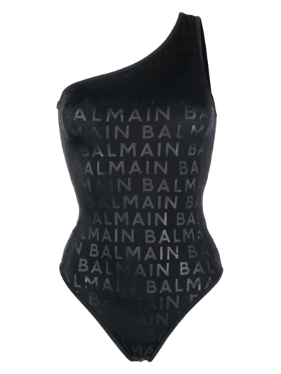 Balmain Logo-print One-shoulder Swimsuit In Black
