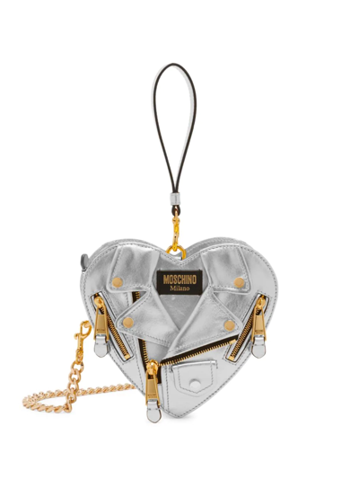 Moschino Biker Heart Metallic Leather Bag In Silver