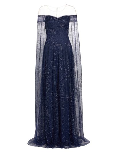 Marchesa Notte Off-shoulder Glitter Tulle Cape Gown In Navy