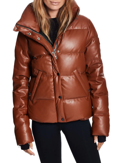 Sam Isabel Vegan Leather Puffer Down Jacket In Brown