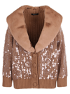Blumarine Sequin-embellished Faux-fur Trim Cardigan In Amphora
