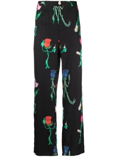 Soulland Fadi Floral-print Straight Trousers In 黑色