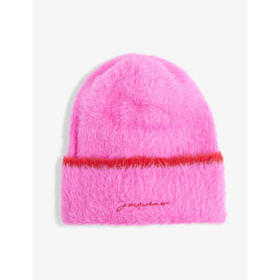 Jacquemus Le Bonnet Brand-embroidered Stretch-woven Beanie In Pink & Purple