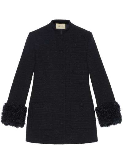 Gucci Contrasting-cuffs Bouclé Fitted Jacket In Schwarz