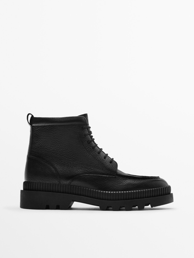 Massimo Dutti Leather Floater Track Boots In Black