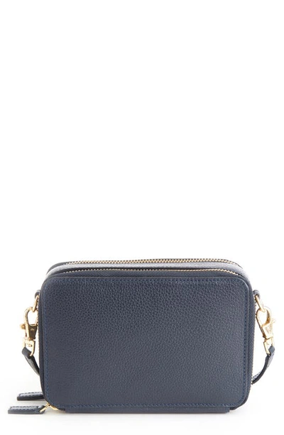 Royce New York Personalized Leather Crossbody Camera Bag In Navy Blue- Deboss