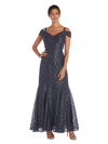 R & M Richards Off The Shoulder Fishtail Evening Gown With Full Body Shimmer Lace In Steel