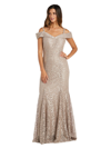 R & M Richards Off The Shoulder Fishtail Evening Gown With Full Body Shimmer Lace In Champagne