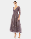 Mac Duggal Embellished Wrap Over 3/4 Sleeve Dress In Platinum