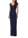 La Femme Ruched Long Jersey Dress In Navy