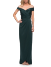 La Femme Ruched Long Jersey Dress In Emerald