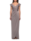 La Femme Ruched Long Jersey Dress In Pewter