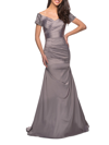 La Femme Satin Off The Shoulder Dress In Silver