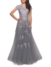 La Femme Intricate Lace Long Tulle Gown In Silver