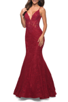 La Femme Sheer Jeweled Bodice Mermaid Lace Dress In Red
