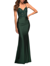 La Femme Sheer Lace Bodice Jewel Tone Jersey Gown In Dark Emerald