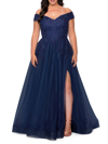 La Femme Lace Off The Shoulder Tulle Gown In Navy