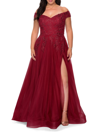 La Femme Lace Off The Shoulder Tulle Gown In Burgundy
