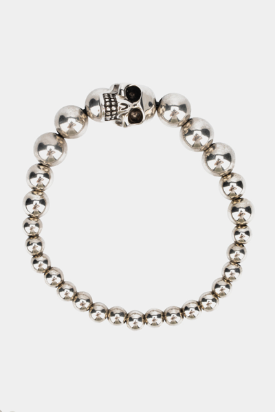 Alexander Mcqueen Graduated Bead Ball Skull Bracelet In Silver