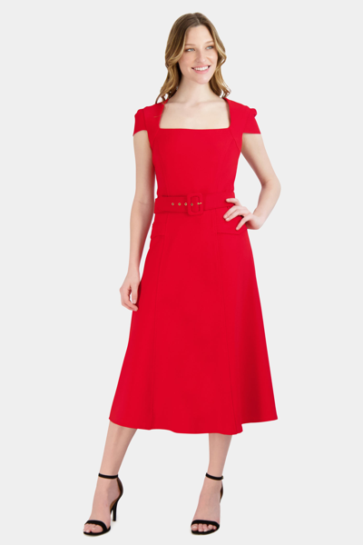 Donna Ricco Short Sleeve Square Neck Belted Dress In Red
