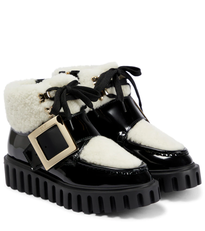 Roger Vivier Viv' Go-thick Fur-trimmed Patent Leather Ankle Boots In Black