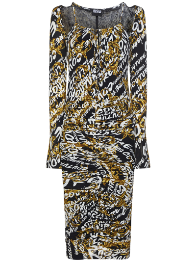 Versace Jeans Couture Logo Brush Couture-print Midi Dress In Black