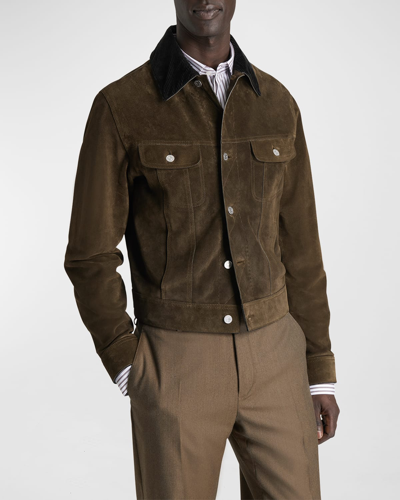 Berluti Men's Corduroy Collar Suede Leather Jacket In Warm Green