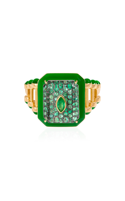 L'atelier Nawbar Little Moments In Budgie 18k Yellow Gold Emerald Ring In Green