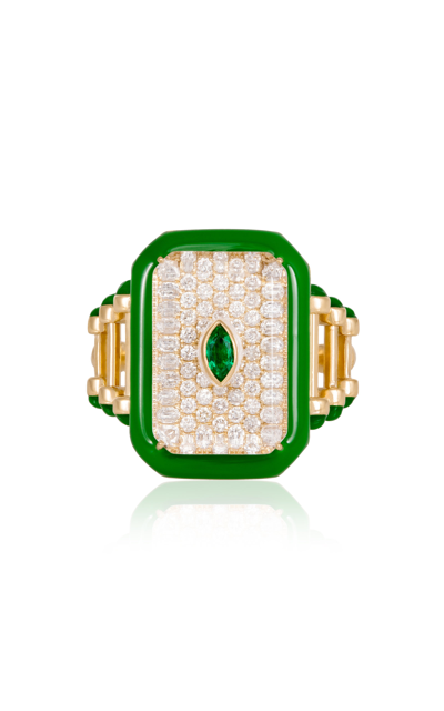 L'atelier Nawbar Moments In Evergreen 18-karat Gold, Enamel, Diamond And Emerald Ring In Green