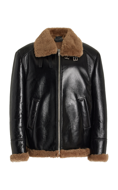 Prada Oversized Leather Shearling-trim Jacket In Black