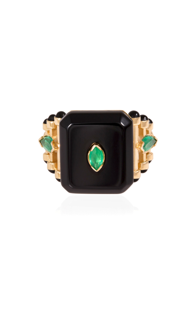 L'atelier Nawbar Moments In Owl 18k Yellow Gold Emerald Ring In Black