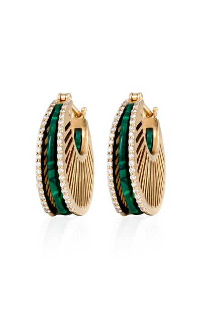 L'atelier Nawbar Stoned Rays 18k Yellow Gold Diamonds; Malachite Hoop Earrings In Green