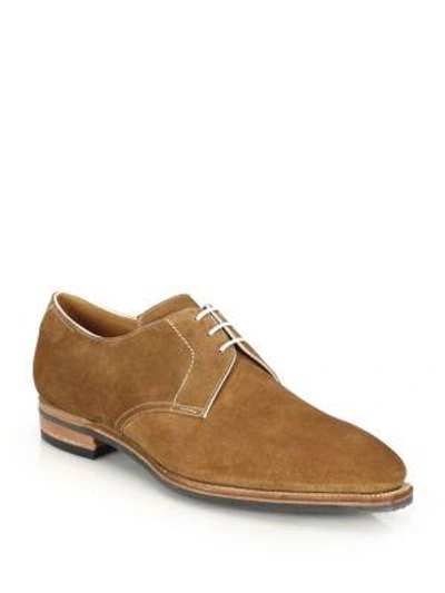 Corthay Sergio Pullman Calf Suede Piped Derby Shoes In Castor Tan