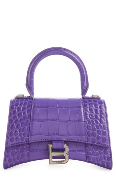 Balenciaga Extra Small Hourglass Croc Embossed Leather Top Handle Bag In Purple
