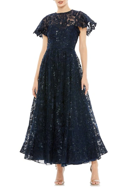 Mac Duggal Sequin Lace A-line Gown In Navy