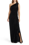 Tadashi Shoji One-shoulder Velvet Ruffle Gown In Black