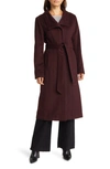 Cole Haan Signature Slick Belted Long Wool Blend Coat In Bordeaux