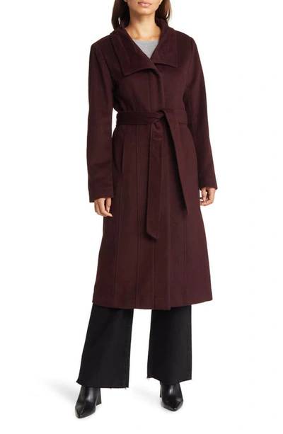 Cole Haan Signature Slick Belted Long Wool Blend Coat In Bordeaux