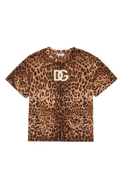 Dolce & Gabbana Kids' Logo Patch Leopard Print Cotton T-shirt In Black,brown