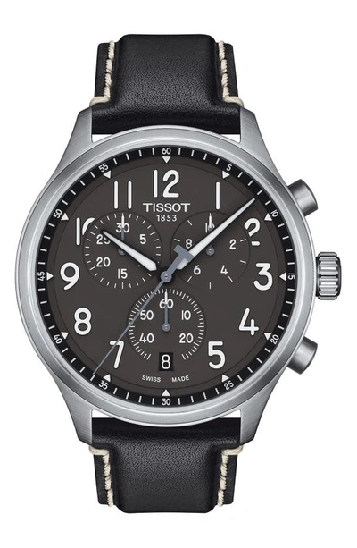 Tissot Men's Swiss Chronograph Xl Anthracite Leather Strap Watch 45mm In Black
