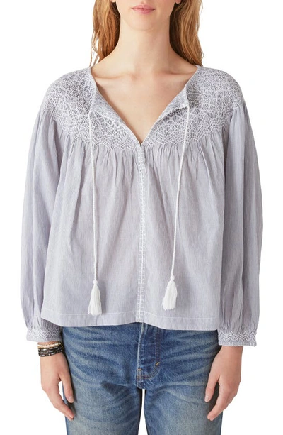 Lucky Brand Women's Striped Smocked Cotton Peasant Blouse In Grey